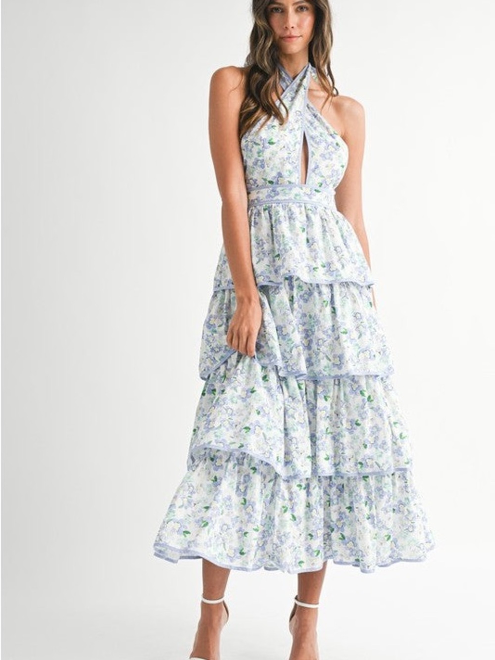 Cross-Neck Tiered Midi Dress in Light Blue Floral